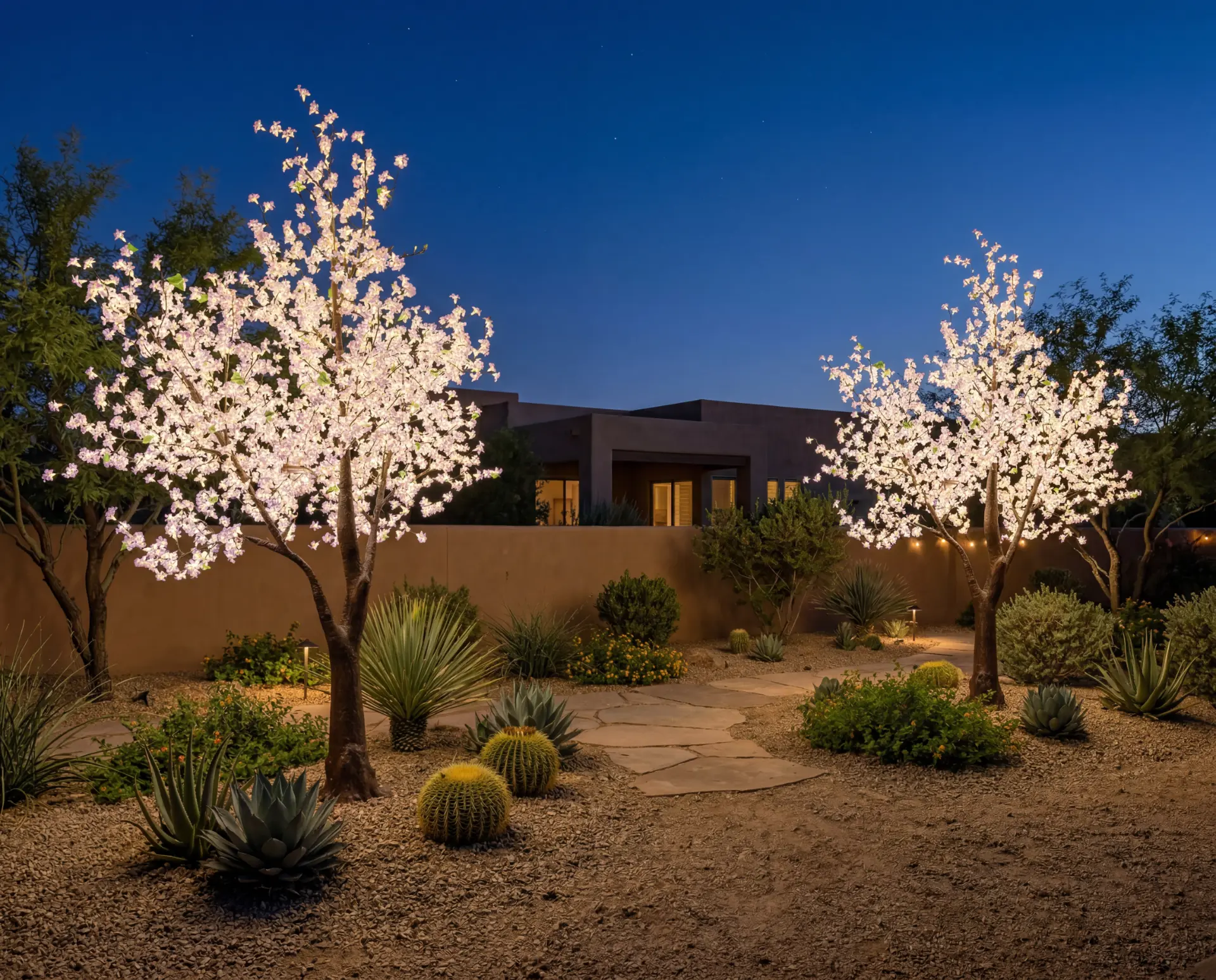Pair of pink LED cherry blossom trees in a desert garden at dusk