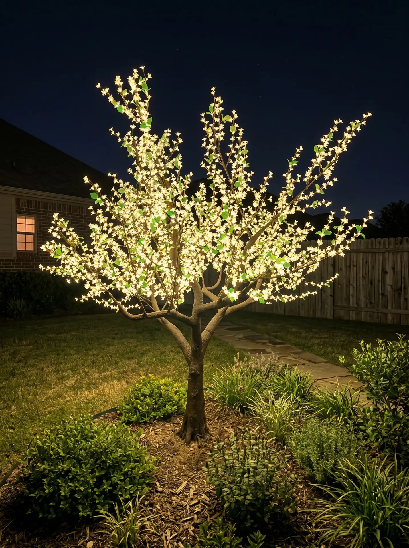 Single LED blossom tree glowing in a suburban backyard at night