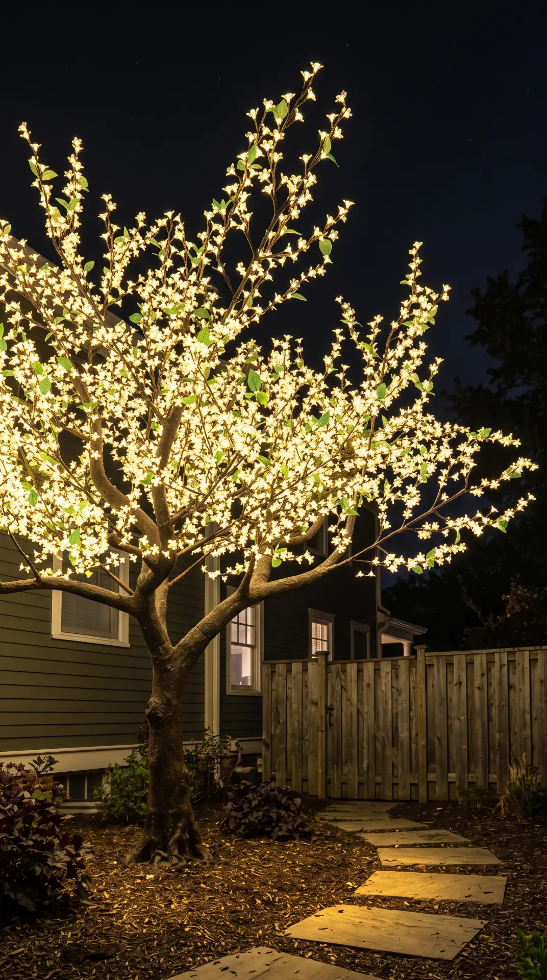 LED blossom tree lighting a backyard walkway at night
