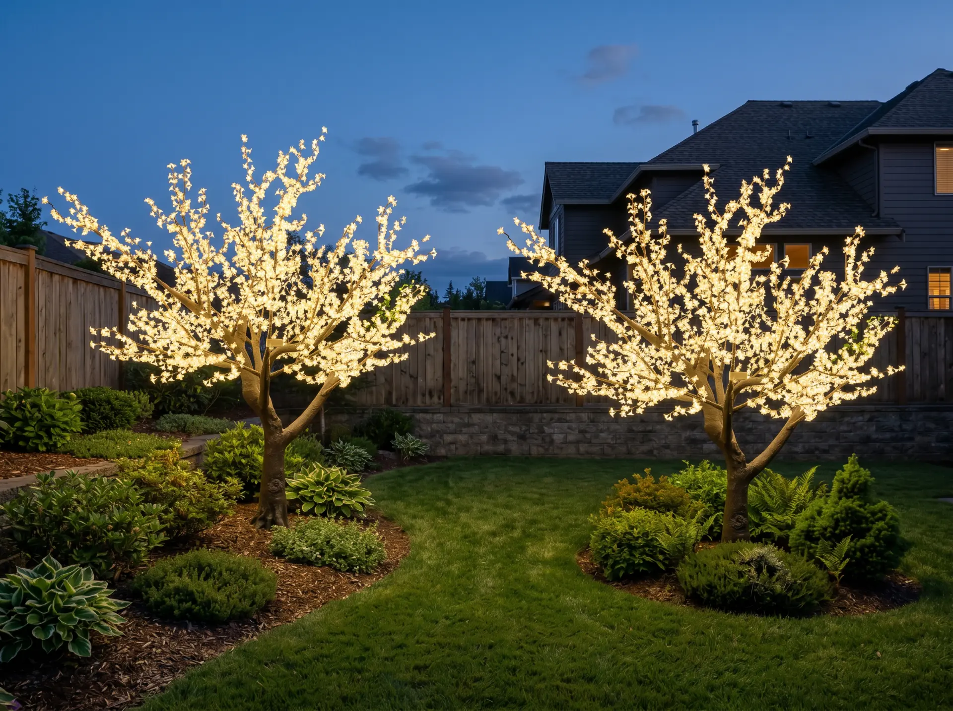 Two glowing LED blossom trees in a manicured backyard at dusk