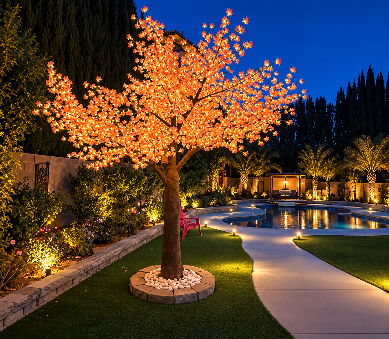 Orange illuminated blossom tree beside a landscaped backyard pool at night