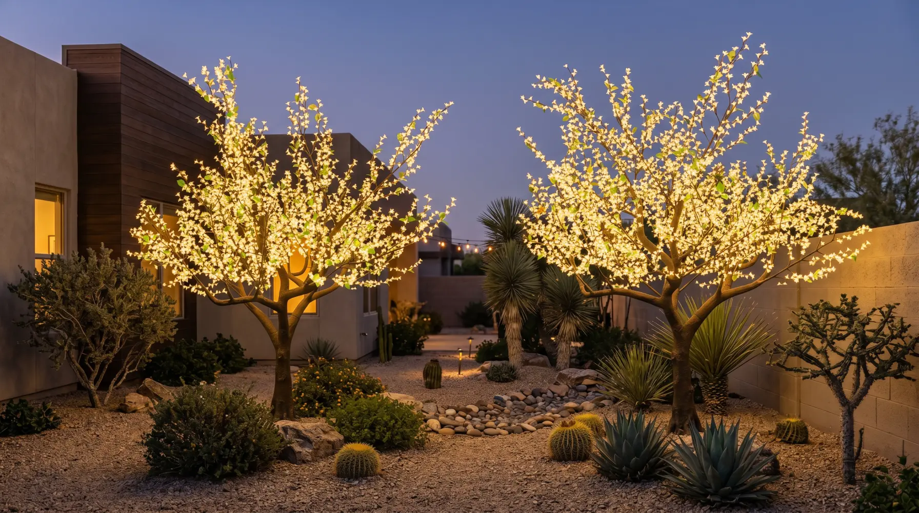 LED blossom trees in a modern desert courtyard at twilight